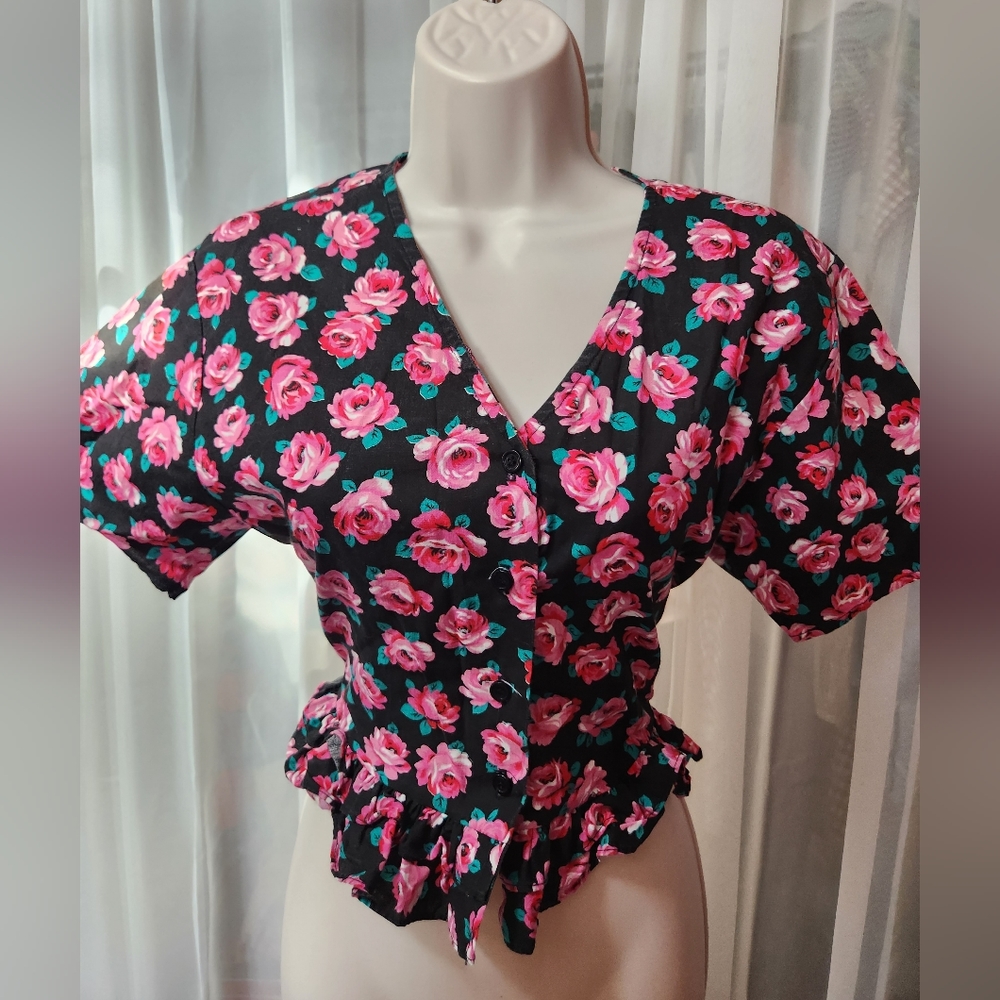Vintage Peplum Floral Button-Up Top